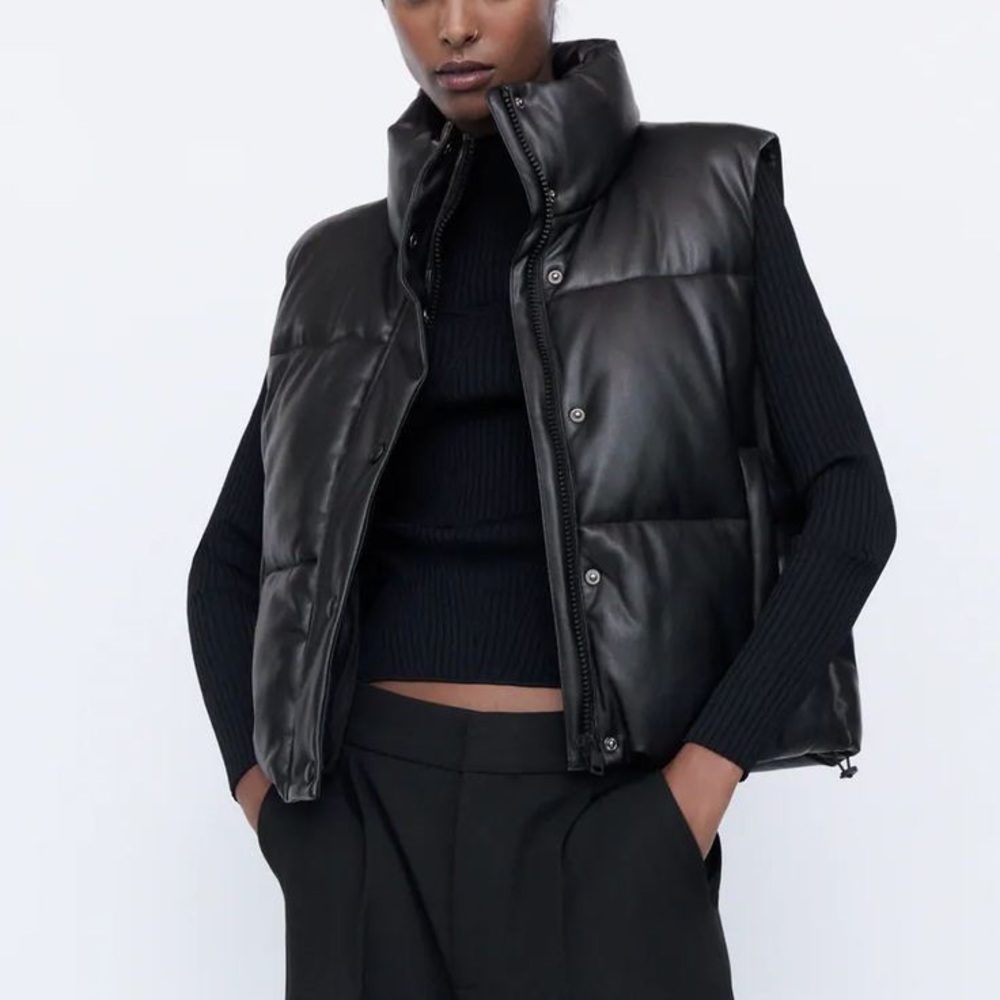 Zara Black Puffer Leather-Look Sleeveless Vest